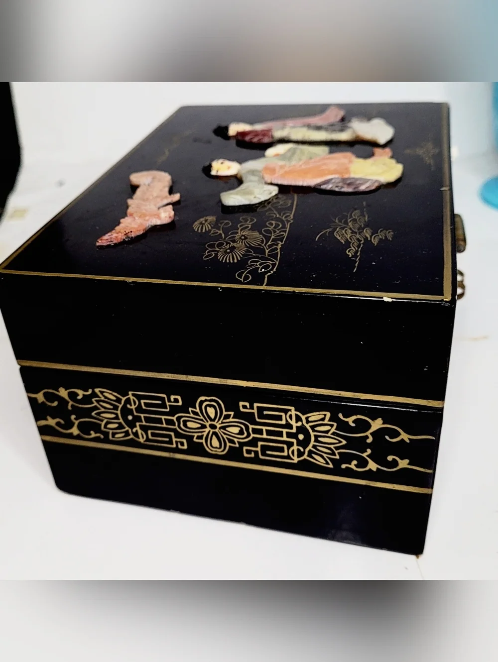 Vintage Black Lacquer Jadeite & Inlay Jewelry Box W/ Brass & Silk